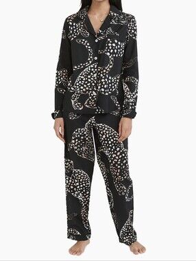 Desmond & Dempsey Jaguar Print Cotton Pajama Set Black Pink Button Front Size L